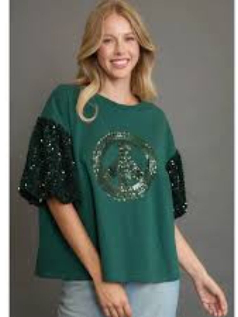 Umgee Medium NWT Ladies Boho Balloon Sleeve Sequin Peace Sign T-shirt P89